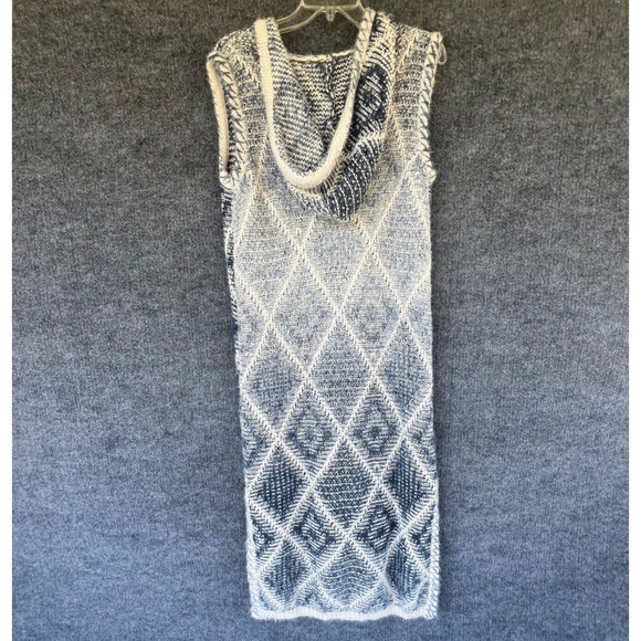 Sage & Flower Long Cardigan Womens Blue White Hooded Geometric Slit Sleeveless - Picture 3 of 5